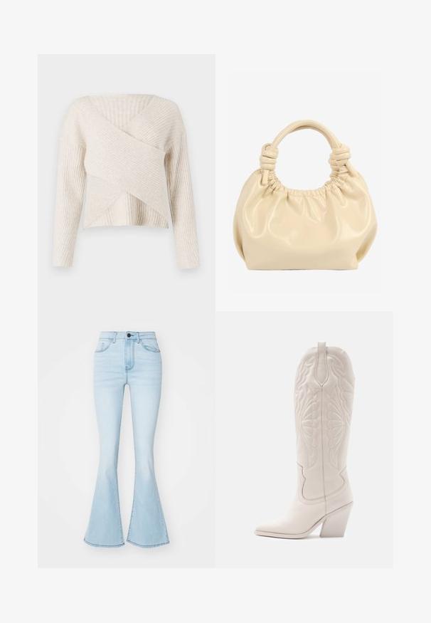 Roomkleurige geribbelde trui met een overslagdesign, lange mouwen en een zachte textuur. Voorzien van een V-hals en een cropped silhouet.; Lichtblauwe flared jeans van denim, met een hoge taille, vijf zakken en een rits met een enkele knoopsluiting.; Witte leren cowboylaars met een spitse neus en een vierkante hak. Heeft ingewikkelde stikpatronen op de schacht en een soepele textuur.; Handtas van zacht leer in crèmekleur met geraffelde bovenkant en geknoopte dubbele handvatten tegen een witte achtergrond.