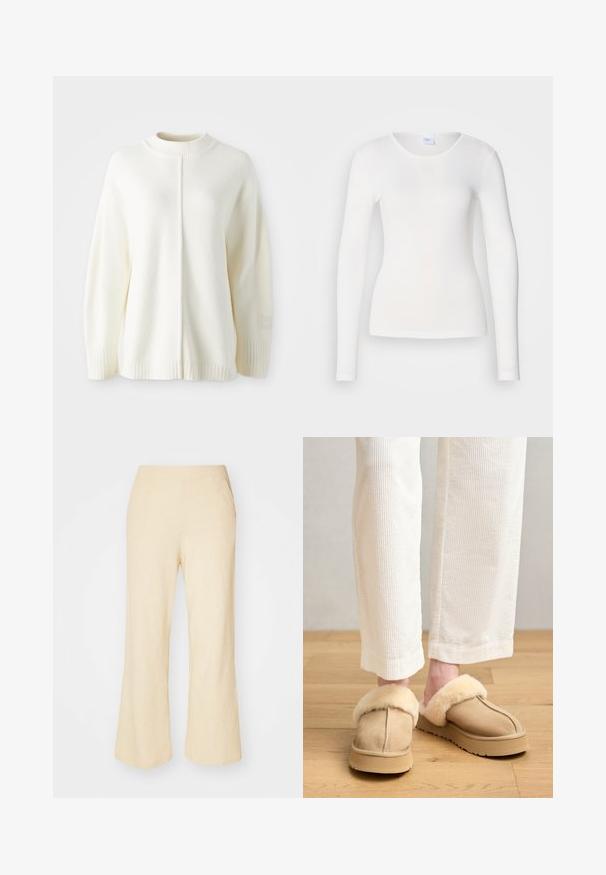 Pull en polaire blanc avec un col haut côtelé, des manches longues et une couture centrale. Comprend des poignets côtelés et un petit patch logo sur la manche.; Chemise blanche à manches longues en tissu doux et lisse ; présente un col rond et une coupe ajustée, sans motifs ni embellissements.; Pantalons large en beige clair avec un tissu texturé, dotés d'une taille élastique et de deux poches latérales.; Chaussons en suède beige avec une douce doublure en fausse fourrure crème et une semelle épaisse. Portés avec un pantalon en corduroy blanc à côtes, laissant entrevoir la peau au-dessus des chevilles.