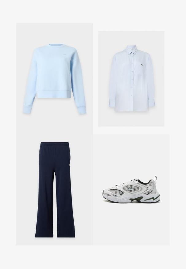 Sweat-shirt bleu clair à manches longues, col rond, coupe décontractée avec un petit logo ton sur ton sur la partie supérieure de la poitrine sur fond blanc.; Chemise bleu clair à manches longues avec boutons, poche poitrine et petit logo crocodile vert sur la poche.; Pantalon bleu marine à larges jambes avec taille élastique et petit logo en haut à gauche sur fond clair.; Baskets blanches avec des panneaux en mesh, des accents noirs et une semelle texturée. Présente un design élégant et un logo bien en vue sur le côté.