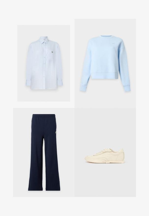 Sweat-shirt bleu clair à manches longues, col rond, coupe décontractée avec un petit logo ton sur ton sur la partie supérieure de la poitrine sur fond blanc.; Chemise bleu clair à manches longues avec boutons, poche poitrine et petit logo crocodile vert sur la poche.; Pantalon bleu marine à larges jambes avec taille élastique et petit logo en haut à gauche sur fond clair.; Baskets basses de couleur crème avec des coutures ondulées, une fermeture à lacets et une semelle crantée, vues de côté sur un fond uni.