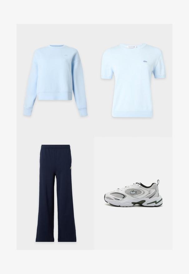 Sweat-shirt bleu clair à manches longues, col rond, coupe décontractée avec un petit logo ton sur ton sur la partie supérieure de la poitrine sur fond blanc.; Pull en maille Lacoste bleu clair manches courtes avec col rond et petit logo crocodile brodé sur la poitrine gauche.; Pantalon bleu marine à larges jambes avec taille élastique et petit logo en haut à gauche sur fond clair.; Baskets blanches avec des panneaux en mesh, des accents noirs et une semelle texturée. Présente un design élégant et un logo bien en vue sur le côté.
