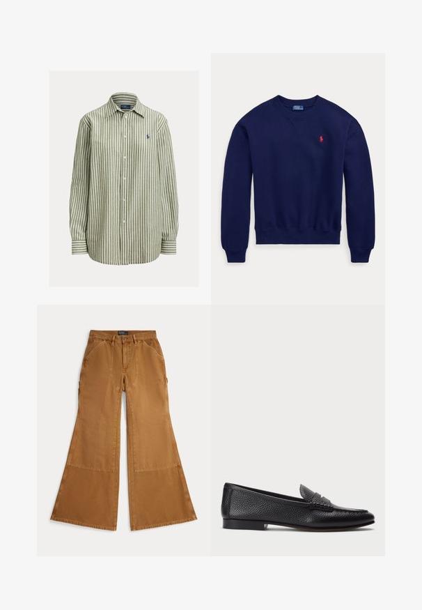 Navy blue crewneck sweatshirt with ribbed cuffs and hem, featuring a small red embroidered logo on the left chest.; Green and white striped button-up shirt, cotton fabric, long sleeves, classic collar, features logo in navy on the left chest, plain cuffs.; Brown wide-leg pants made of cotton with patch detailing, a button closure, and angled pockets on the front. Smooth texture, casual design.; Black leather loafer with a textured finish, featuring a decorative strap and flat heel. Sleek, minimal design with rounded toe.