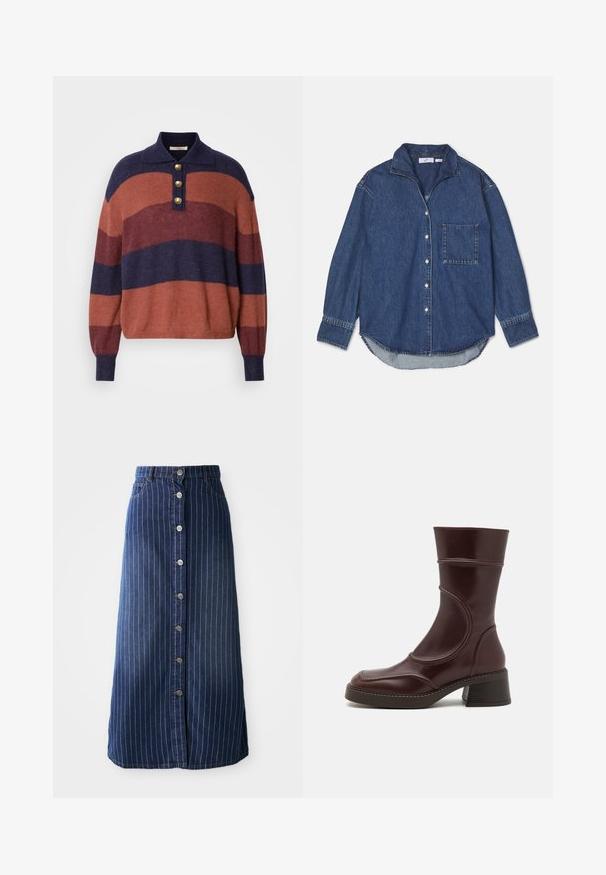 Pull en maille rayé avec des rayures horizontales bleu marine, rouge brique et bordeaux. Encolure à col avec trois boutons dorés et poignets côtelés.; Chemise en denim bleu foncé avec un col, fermeture à boutons, poche poitrine unique et manches longues avec un ourlet arrondi. Texture douce.; Jupe maxi en denim foncé avec des rayures blanches verticales, fermeture à boutons sur le devant et légère évasement à l'ourlet. Comprend cinq boutons et un surpiquage contrasté.; MIISTA MALENE - Bottines - brown