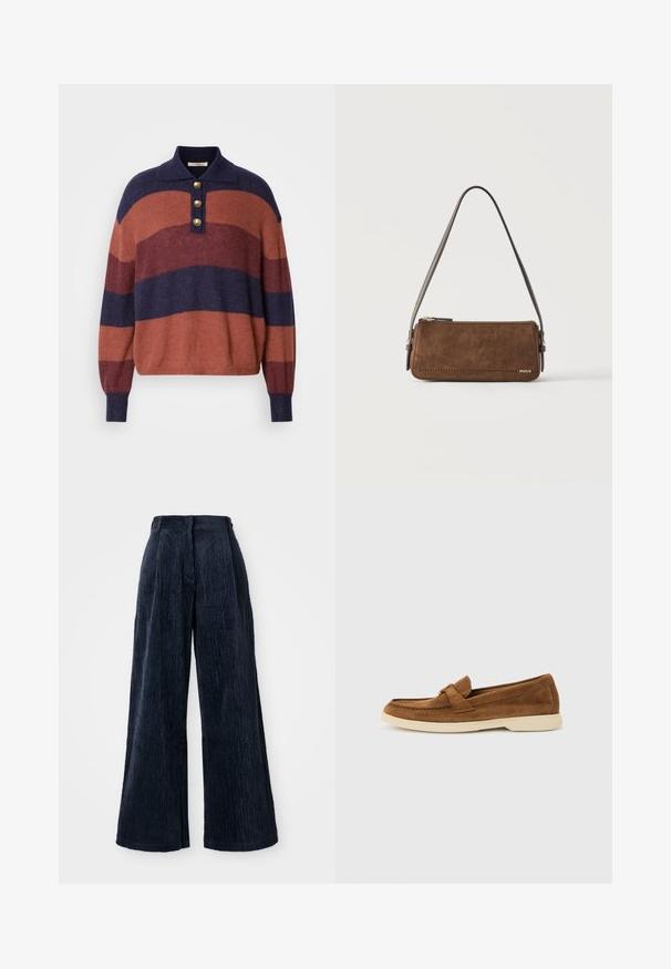 Pull en maille rayé avec des rayures horizontales bleu marine, rouge brique et bordeaux. Encolure à col avec trois boutons dorés et poignets côtelés.; Pantalons en velours côtelé à jambes larges de couleur bleu marine foncé. Présentent une texture côtelée verticale et une taille haute, offrant une coupe ample et structurée.; Mocassin en daim marron avec coutures mocassin et semelle en caoutchouc beige, vue de côté sur un fond gris clair uni.; Petit sac à bandoulière rectangulaire en daim marron avec une fine sangle marron foncé et une fermeture éclair dorée, marqué "HUGO" dans un coin.