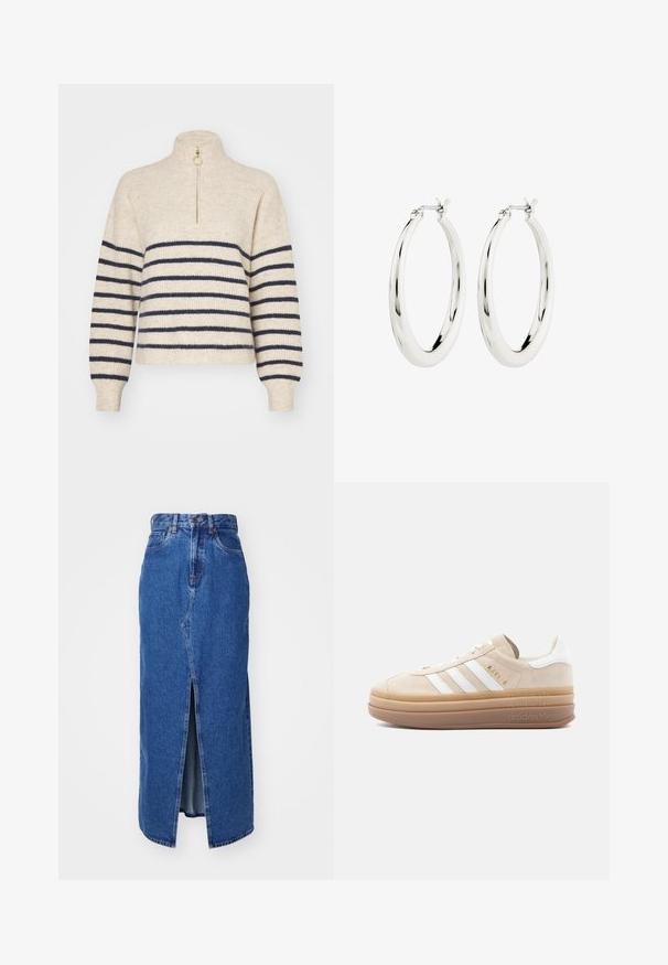 Beige Pullover mit navyblauen horizontalen Streifen, hohem Kragen und halbem Reißverschluss. Hergestellt aus einem strukturierten Strickstoff, mit gerippten Bündchen.; Denim-Maxi-Rock in Mittelblau mit Schlitz vorne, hoher Taille und klassischem Fünf-Taschen-Design. Mit kontrastierenden Nähten und einem Reißverschluss.; Beige Wildleder-Sneaker mit weißen Lederakzenten, versehen mit drei weißen Streifen, einem goldenen Logo und einer dicken, durchsichtigen Gummisohle.; Silberne Creolen mit einer glatten, glänzenden Oberfläche. Kreisform, ausgestattet mit einem sicheren Verschluss. Einfaches und elegantes Design.
