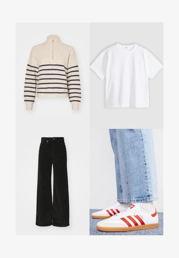 Beige sweater med marineblå vandrette striber, høj krave og halv-zip lukning. Fremstillet af et tekstureret strikket stof med ribbede manchetter.; Hvid bomuld t-shirt med korte ærmer, rund hals, afslappet pasform, glat tekstur og en lille logolabel på venstre sidesøm.; Sorte kordfløjl bredbenede bukser med høj talje, der har to forlommer og en metalknaplukning. Tekstureret stof med lodrette ribber.; Hvide lædersneakers med røde striber og accenter. Har en tekstureret gummisål og polstret krave. Bæres med lyseblå denim.