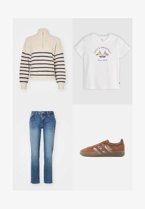 Tricot beige avec des rayures horizontales bleu marine, col montant et fermeture éclair demi-longueur. Fabriqué en tissu tricoté texturé, avec des poignets côtelés.; T-shirt blanc à manches courtes Levi's avec des drapeaux jaunes et rouges croisés et le texte "Levi's Original Since 1873" au centre devant.; Jean en denim bleu avec une coupe droite, présentant un design classique à cinq poches et une finition légèrement délavée. Les détails incluent une fermeture à bouton et une fermeture éclair.; Baskets Adidas Spezial en daim marron avec lacets à l'avant, semelle texturée et trois bandes latérales à motif camouflage.