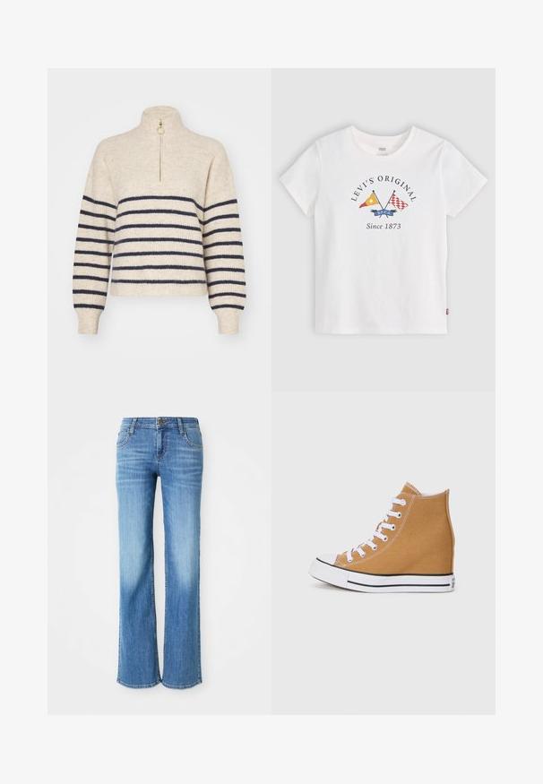 Tricot beige avec des rayures horizontales bleu marine, col montant et fermeture éclair demi-longueur. Fabriqué en tissu tricoté texturé, avec des poignets côtelés.; T-shirt blanc à manches courtes Levi's avec des drapeaux jaunes et rouges croisés et le texte "Levi's Original Since 1873" au centre devant.; Jean en denim bleu clair, avec une coupe droite, cinq poches et une fermeture à bouton classique avec une étiquette de marque sur la taille.; Baskets montantes en toile beige avec des lacets blancs, un embout en caoutchouc, et une semelle à rayures noires. Fini texturé avec des détails de couture.