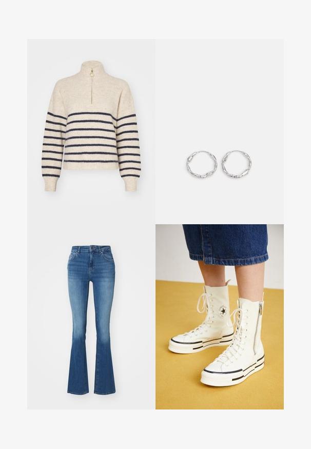 Beige Pullover mit navyblauen horizontalen Streifen, hohem Kragen und halbem Reißverschluss. Hergestellt aus einem strukturierten Strickstoff, mit gerippten Bündchen.; Hochtaillierte, ausgestellte Jeans aus hellblauem Denim mit glatter Oberfläche, einem Reißverschluss mit Knopf und zwei Vorderentaschen.; Weiße High-Top-Sneaker mit Reißverschluss, Schnürdesign und schwarzen Streifenakzenten auf einer dicken Sohle. Texturiertes Canvas-Material.; Silberne Creolen mit einer welligen, unregelmäßigen Textur. Besitzen eine dünne, kreisförmige Form und eine reflektierende Oberfläche.