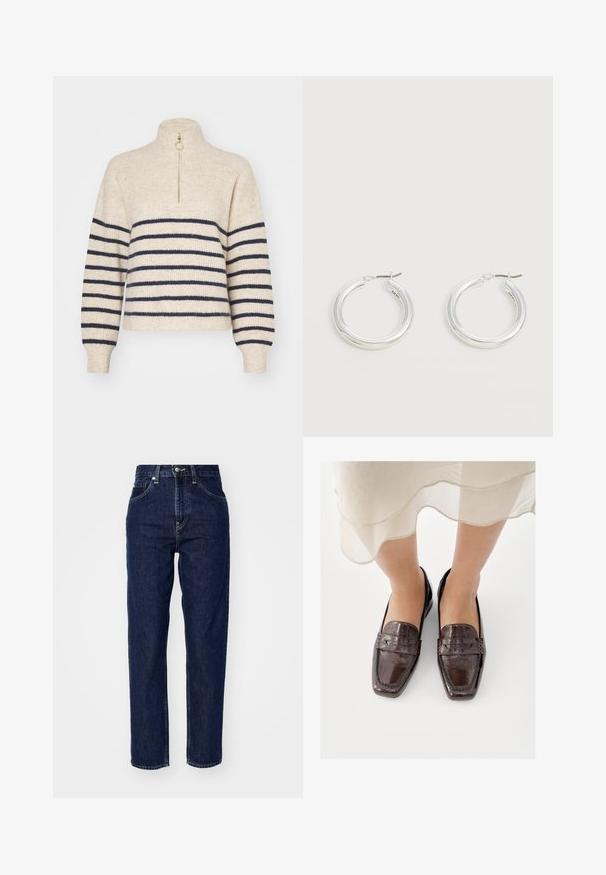 Tricot beige avec des rayures horizontales bleu marine, col montant et fermeture éclair demi-longueur. Fabriqué en tissu tricoté texturé, avec des poignets côtelés.; Jean en denim bleu foncé avec une taille haute, design à jambe droite, poches avant et détails de couture discrets. Style classique et polyvalent.; Mocassins en cuir marron avec une finition brillante, dotés d'un bout carré, de surpiqûres décoratives et d'un petit talon plat.; Paire de boucles d'oreilles créoles moyennes argentées brillantes avec de fines attaches métalliques sur un fond clair et neutre.