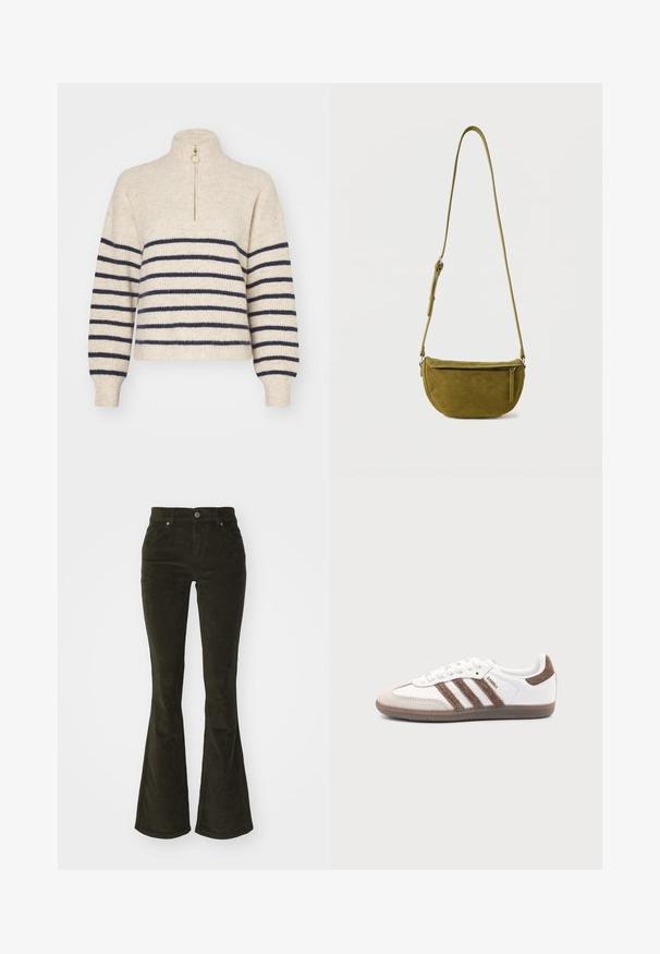 Beige sweater med marineblå vandrette striber, høj krave og halv-zip lukning. Fremstillet af et tekstureret strikket stof med ribbede manchetter.; Bredde corduroy bukser i mørkegrøn. Har for- lommer, knaplukning og et blødt, struktureret stof med ribbet mønster.; Hvid Adidas Samba sneaker med brune ruskindstriber, brun gummisål og beige ruskindståhætte, vist fra ydersiden på en ensfarvet baggrund.; Olivengrøn ruskind skuldertaske med justerbar rem og lynlåslomme foran på ensfarvet hvid baggrund.