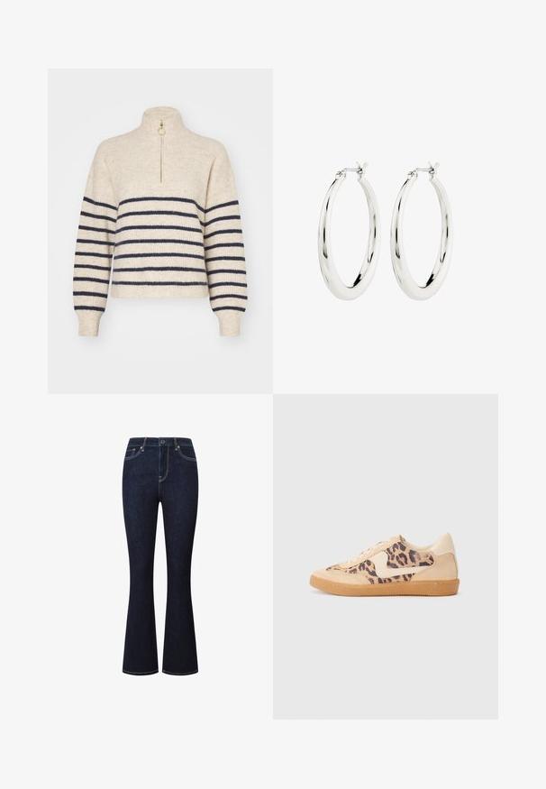 Beige sweater med marineblå vandrette striber, høj krave og halv-zip lukning. Fremstillet af et tekstureret strikket stof med ribbede manchetter.; Mørkeblå denim flare jeans med høj talje, fem lommer og gul syning langs sømmene. Glat tekstur, almindelig pasform.; Leopardprint sneakers med beige ruskindsoverdel, tan gummisål og hvide detaljer. Rund pegefinger og snørebåndsdesign med en tekstureret finish.; Sølvøreringe i form af hoops med en glat, blank finish. Cirkulær form, der har en sikker lås. Simpelt og elegant design.