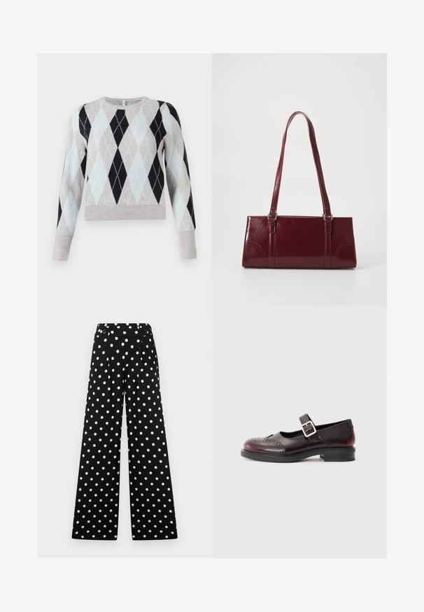 Argyle-mønstret sweater i lyseblå, grå og marineblå. Blødt stof, rund hals, lange ærmer, med ribbestrikket kant og manchetter.; Sorte bukser med vide ben og hvide polkaprikker, høj talje og knaplukning i taljen.; Mary Jane-sko i mørk burgunder laklæder, med perforerede detaljer og en spænde-strop. Lav blokhælk, rund tå.; Bordeaux håndtaske lavet af glansfuldt materiale, rektangulær form, med to skulderremme og subtile buede detaljer på forsiden.