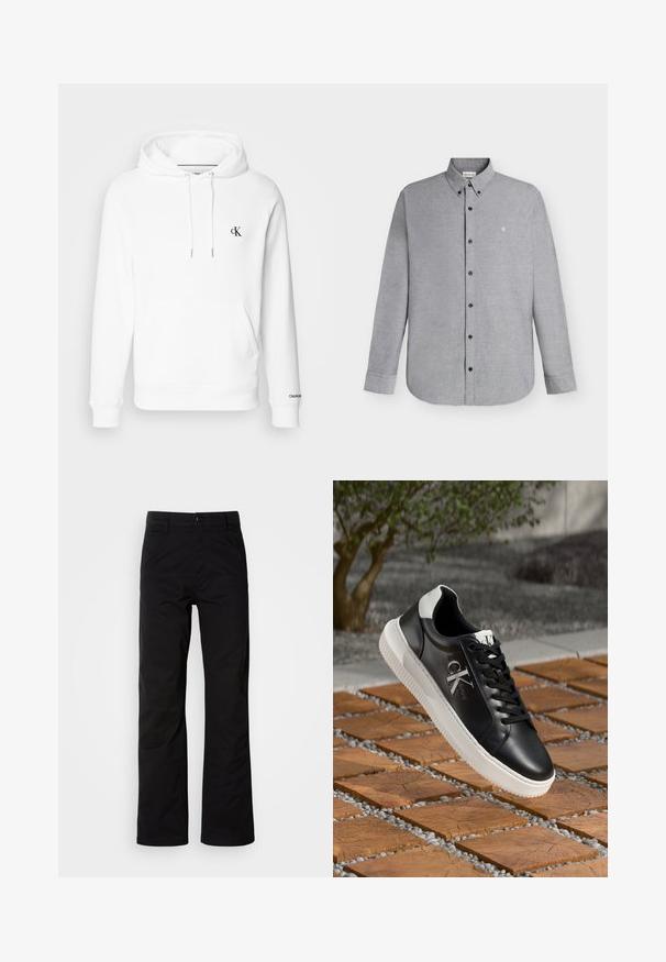 Weißer Baumwoll-Hoodie mit Kapuze und Kordelzug, Fronttasche und schwarzem gesticktem cK-Logo auf der Brust. Gerippte Bündchen und Saum.; Hellgraues langärmeliges Hemd mit Knopfleiste und Knopfkragen sowie kleinem "cK"-Logo, das auf der linken Brustseite eingestickt ist.; Schwarze Baumwollhosen mit geradem Bein, ausgestattet mit einem Knopfverschluss und Gürtelschlaufen. Glatte Textur und minimalistischer Stil ohne sichtbare Muster.; Schwarze Leder-Sneaker mit weißer Gummisohle, featuring Schnürdesign und Logodetail an der Seite. Der Hintergrund umfasst Stein- und Holztexturen.