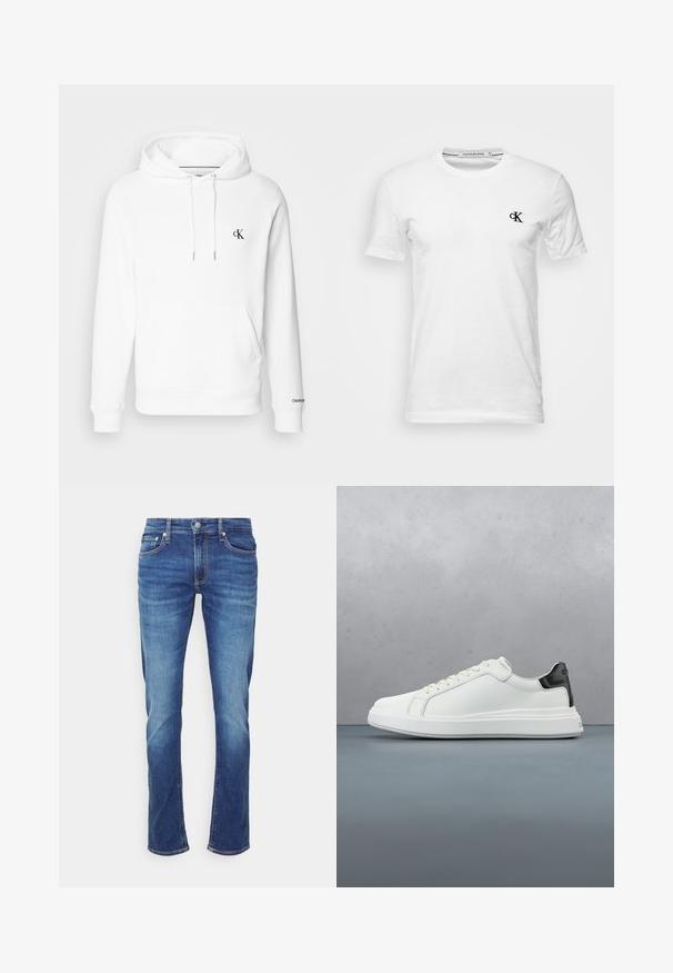 Hvid bomulds hoodie med snøre i hætten, frontlomme og sort broderet cK-logo på brystet. Ribbet manchetter og bund.; Hvid T-shirt med korte ærmer og rund hals med lille sort "CK"-logo på venstre bryst, mærke Calvin Klein Jeans, størrelse medium.; Blå denim jeans med falmede effekter, frontknap og lynlås, og femlomme-stil mod en ensartet hvid baggrund.; Hvide sneakers med en glat læderoverdel og en kontrasterende sort hælaccents. Har flade snørebånd og en tekstureret gummisål.