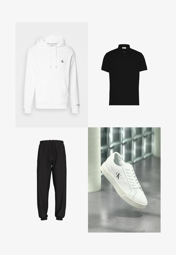 Haut à capuche en coton blanc avec un cordon de serrage, poche avant et logo cK brodé noir sur la poitrine. Poignets et ourlet côtelés.; Polo noir à manches courtes avec deux boutons et un col, avec un petit logo sur la poitrine.; Pantalon de jogging noir coupe ample avec taille et poignets élastiques, doté d'un cordon de serrage réglable à la taille.; Baskets blanches Calvin Klein avec lacets, présentées en suspension au-dessus d'un sol en béton poli et d'un mur en blocs de verre en arrière-plan.