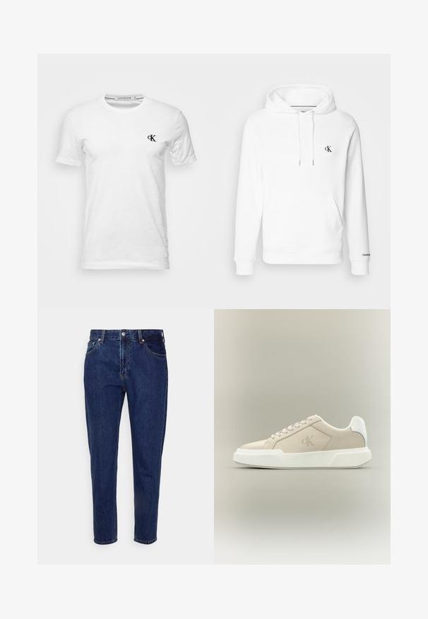 Weißer Baumwoll-Hoodie mit Kapuze und Kordelzug, Fronttasche und schwarzem gesticktem cK-Logo auf der Brust. Gerippte Bündchen und Saum.; Weißes T-Shirt mit kurzen Ärmeln und Rundhalsausschnitt mit kleinem schwarzem "CK"-Logo auf der linken Brust, Marke Calvin Klein Jeans, Größe Medium.; Dunkelblaue Jeans mit geradem Bein, vorderer Knopf- und Reißverschluss, Gürtelschlaufen sowie Vorder- und Gesäßtaschen.; Beiger Low-Top-Sneaker mit dicker weißer Sohle, Schnürsenkeln, weißer Fersenschlaufe und dezentem CK-Logo auf dem Seitenpanel.