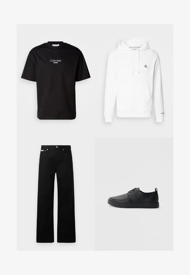 Sudadera de algodón blanca con capucha ajustable, bolsillo frontal y logo cK bordado en negro en el pecho. Puños y dobladillo acanalados.; Camiseta de algodón negra con cuello redondo, mangas cortas y logotipo blanco "Calvin Klein JEANS" en el frente. Diseño simple y de corte recto.; Pantalones de mezclilla negros con un diseño de pierna ancha, que cuentan con cinco bolsillos y herrajes de botón metálico. Textura suave, sin patrones visibles.; Zapatilla negra de cuero con acabado suave, punta redondeada, costuras a tono, cordones en la parte delantera y suela de goma plana. Asa en el talón.