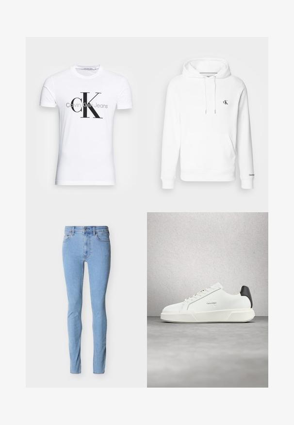 Witte katoenen hoodie met een trekkoordkap, voorzak en zwart geborduurd cK-logo op de borst. Ribgebreide manchetten en zoom.; Wit T-shirt met korte mouwen met een groot zwart "cK" en grijs "Calvin Klein Jeans" tekstlogo aan de voorkant.; Lichtblauwe slim-fit jeans met knoopsluiting aan de voorkant, ritssluiting en vijf zakken, weergegeven tegen een witte achtergrond.; Witte sneakers met een bovenwerk van glad leer, platte veters en een verhoogde witte zool. Heeft een zwart accent bij de hiel en een geprofileerd logo.