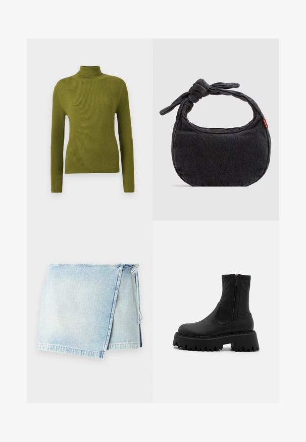 Ribbet turtle-neck sweater i olivengrøn, med lange ærmer og en tætsiddende design. Fremstillet af et blødt, struktureret stof.; Lyseblå denim omslagskirt med en frynset kant, der har en knyttelukning på den ene side. Stoffet har en falmet, slidt tekstur.; Sorte ankelstøvler lavet af mat syntetisk materiale, med en sidelukning, en chunky platformsål med tandskær og forstærkede sømme.; Lille sort denim skuldertaske med knyttet rem og lynlåslukning, med en rød Levi's stofetiket på siden.