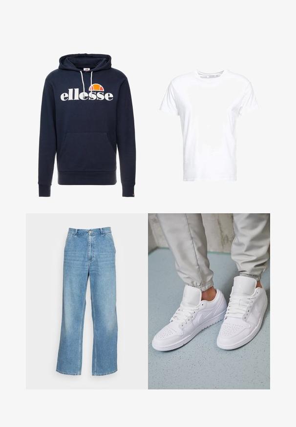 Sweat à capuche bleu marine avec un grand logo blanc "ellesse" et un accent orange rond ; fabriqué en tissu doux avec une poche kangourou.; T-shirt en coton blanc avec un col rond et des manches courtes, au fit classique et à la texture lisse. Aucun motif ni accessoire visible.; Jean large en denim bleu clair. Dispose d'une taille haute, d'une fermeture à bouton et d'un design classique à cinq poches. Texture lisse.; Des baskets en cuir blanc présentent une zone de perforation à l'avant, des lacets plats, un col rembourré et le logo Jordan sur la languette. Portées avec un pantalon de jogging gris.