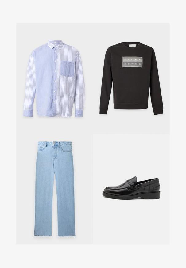 Sweat-shirt noir à manches longues avec un patch logo rectangulaire affichant "JACK & JONES" en gris clair et blanc sur la poitrine.; Chemise bleu et blanc à manches longues boutonnée avec rayures verticales, directions des rayures contrastées de chaque côté et une poche poitrine devant.; Jean denim bleu clair taille haute avec jambe droite, fermeture à bouton et zip à l'avant, et design à cinq poches sur fond blanc.; Mocassins en cuir noir avec une finition lisse, un bout rond, un petit talon et descoutures décoratives à l'avant. Semelle en caoutchouc pour l'adhérence.