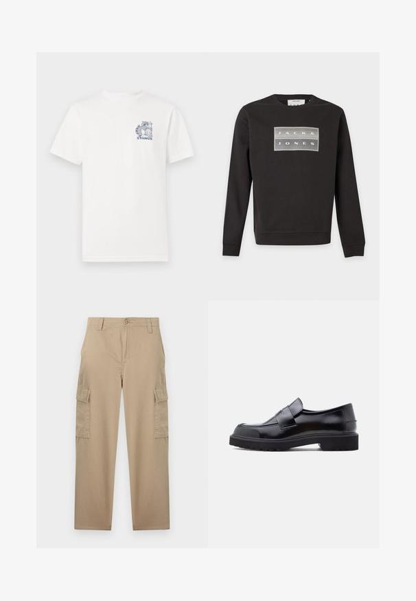 Sort langærmet sweatshirt med et rektangulært logo-patch, der viser "JACK & JONES" i lysegrå og hvid på brystet.; Hvid t-shirt med korte ærmer lavet af bomuld, med et blåt grafisk motiv på brystet af en vaskebjørn ved siden af en skraldespand og teksten "STANCE."; Beige cargobukser med lige ben, knaplukning, bæltestropper, forlommer og klaplommer på begge lår.; Sorte læder slip-on sko med et slankt design, rund tå og en tyk, struktureret gummisål. Har en dekorativ rem på tværs foran.