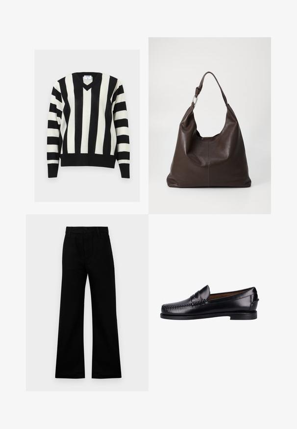 Suéter de cuello en V con rayas en blanco y negro, con rayas verticales en el cuerpo y rayas horizontales en las mangas, puños y dobladillo acanalados.; Pantalones de pierna ancha negros, confeccionados en una tela suave con una cintura alta, con cierre de botón y trabillas para cinturón, que ofrecen un ajuste estructurado.; Mocasines de cuero negro con un acabado suave, puntera redondeada, costura decorativa y un tacón bajo. El diseño es minimalista sin herrajes visibles.; Zign by Zalando LEATHER - Bolso shopping - chocolate brown