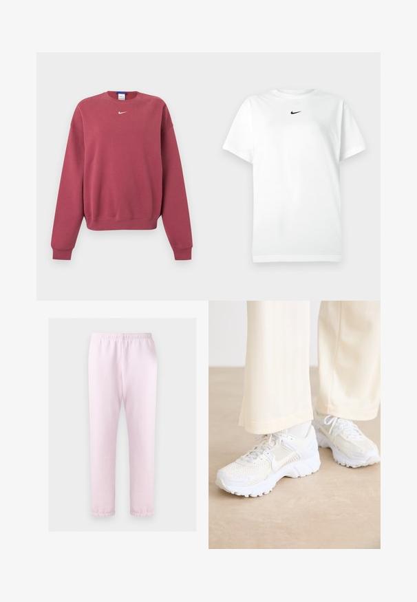 Mikina s dlhým rukávom v farbe dusty rose s malým bielym logom Nike swoosh umiestneným pod golierom v strede.; Biele tričko s krátkym rukávom a okrúhlym výstrihom, na ktorom je malé čierne logo Nike swoosh umiestnené tesne pod výstrihom.; Svetloružové elastické tepláky s manžetami na členkoch, zobrazené na bielom pozadí.; Biele športové topánky s priedušnou konštrukciou, textúrovanými povrchmi a podporujúcimi podrážkami. Šnúrky a diskrétna značka na boku.