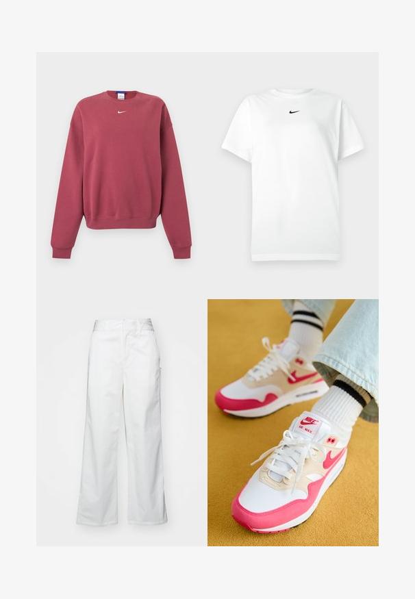 Tolmu roosa pikade varrukatega crewneck dressipluus väikese valge Nike swoosh logoga, mis on krae all keskel.; Valge lühikeste varrukatega T-särk ümmarguse kaelusega, millel on väikene must Nike'i logoga silt kaeluse all.; Valged laiad püksid, mis on valmistatud puuvillast, omavad siledat tekstuuri, sirget lõiget, eesmine taskud ja puhtad äärised.; Valged ja roosad Nike Air Max tossud, millel on beež ülaserv, tekstuuriga viimistlus, valged paelad ja nähtav õhukamber.