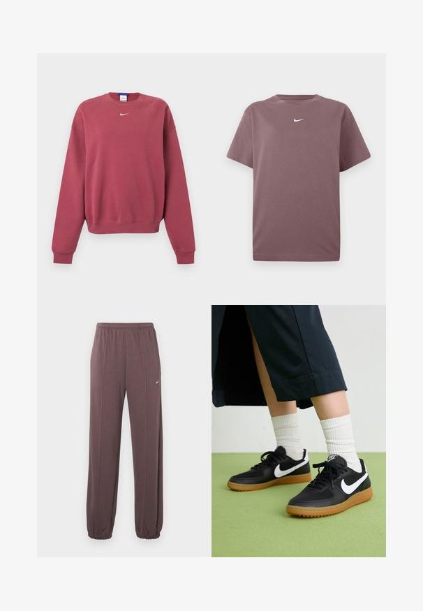 Langarmige crewneck-sweatshirt in dusty rose met klein wit Nike swoosh-logo, gecentreerd onder de kraag.; Effen mauve korte mouwen crewneck t-shirt met een klein wit Nike swoosh op de borst, weergegeven op een witte achtergrond.; Bruine sweatpants met elastische tailleband, zijnaad, elastische boorden en een klein wit Nike-logo op de bovenste linkerdij.; Zwarte leren en synthetische sneakers met witte Nike swoosh, rubberen gumzool, ronde neus en zwarte veters. Geribbelde witte sokken zichtbaar.