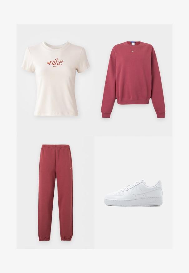 Langarmige crewneck-sweatshirt in dusty rose met klein wit Nike swoosh-logo, gecentreerd onder de kraag.; Beige T-shirt met korte mouwen van katoen, voorzien van een rood "nike" logo met bloemaccenten en een ronde hals.; Bordeaux elastische joggerbroek met klein wit Nike-logo op de rechterdij.; Witte Nike Air Force 1 lage sneaker met vetersluiting, geperforeerde neus en het kenmerkende swoosh-logo aan de zijkant.