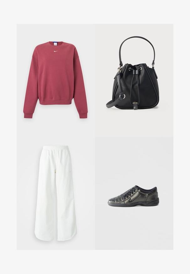 Langærmet sweatshirt i dusty rose med lille hvid Nike swoosh-logo centreret under kraven.; Hvide athletic bukser med vidde, ribbet talje og subtile logo detaljer. Glat stof med en afslappet pasform og tapered hals.; Sort lavtop Nike-sneaker med snørebånd, syet detaljering og en tekstureret sål imod en simpel hvid baggrund.; Sort spandetaske med topstrop og justerbar skulderrem, snørelukning og lille sølv krokodillelogo foran i midten.