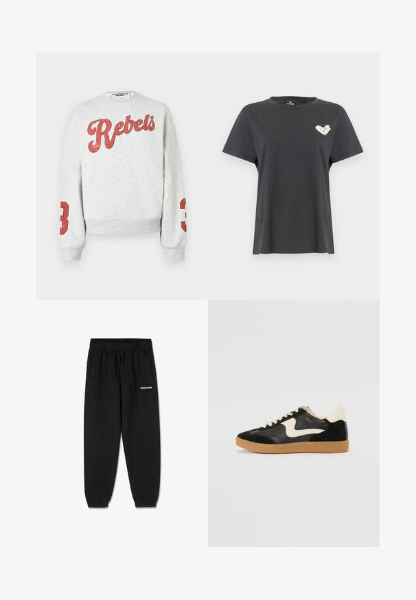 Grå sweatshirt med "Rebels" i rødt på forsiden og et rødt "3" på hver ærme. Lavet af blødt stof med et afslappet design.; Sort kortærmet T-shirt med rund hals og lille hvidt hjerteformet motiv på venstre bryst.; Sorte joggebukser med elastisk talje og manchetter, sidelommer og hvid "PEGADOR" logo på det øverste højre ben.; Sorte ruskinds- og lædersneakers med en cremefarvet side-swoosh og lys cremefarvet hæl. Har beige snørebånd og en gummirubber-sål.