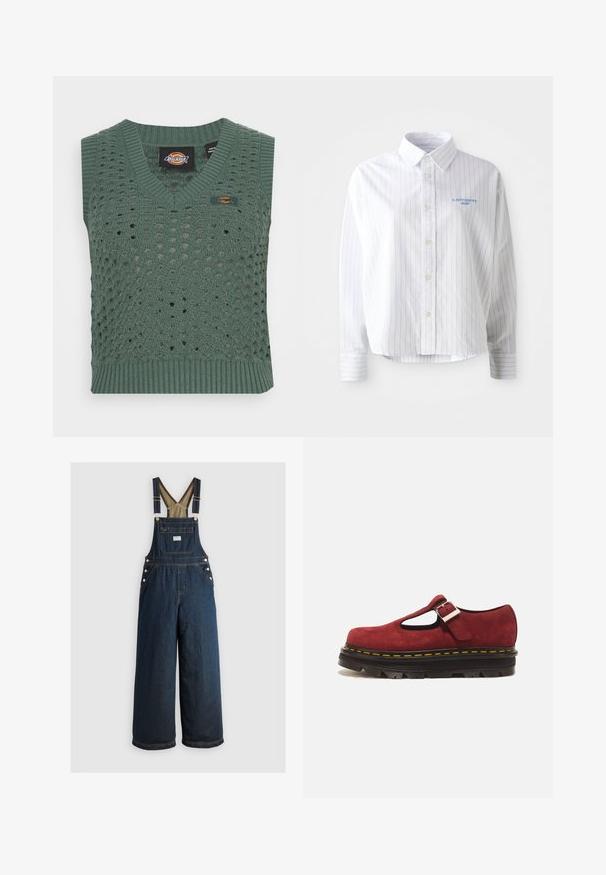 Chaleco verde de punto con escote en V, con un diseño de ganchillo abierto y dobladillo acanalado. Incluye una etiqueta con un logotipo en la parte delantera.; Camisa blanca de botones con rayas verticales en azul claro, un cuello puntiagudo y un pequeño logo azul en el lado izquierdo del pecho. Tejido de algodón, corte relajado.; Pantalones de mezclilla azul oscuro con piernas anchas, tirantes ajustables y detalles de botones. Incluye un bolsillo frontal y una textura lisa y sólida.; Zapato Mary Jane de ante rojo con suela negra gruesa, costuras amarillas y una correa con hebilla plateada sobre fondo blanco.