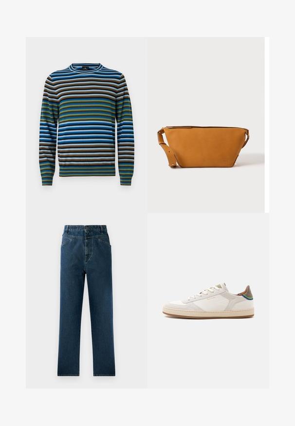 Pull rayé avec des lignes horizontales en bleu, vert, marron et gris ; fabriqué en matériau doux avec un col rond et des poignets côtelés.; Jean droit en denim bleu foncé avec taille haute, comprenant des poches avant et une fermeture à bouton. Tissu texturé avec un léger dégradé.; Baskets basses blanches avec semelle beige, lacets à l’avant, détail vert et bleu sur le talon, et discret logo doré "Paul Smith" sur le côté.; Sac bandoulière en cuir marron clair avec sangle réglable et fermeture éclair, présenté sur un fond clair uni.