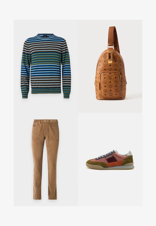 Pull rayé avec des lignes horizontales en bleu, vert, marron et gris ; fabriqué en matériau doux avec un col rond et des poignets côtelés.; Pantalons en velours côtelé marron avec une coupe ajustée, comprenant cinq poches, une fermeture à bouton et un détaillage cousu le long des coutures.; PS Paul Smith DOVER - Baskets basses - pink; Sac à dos bandoulière en cuir marron avec motif losange noir et logo MCM, poche avant zippée, fermeture éclair dorée et sangle réglable.