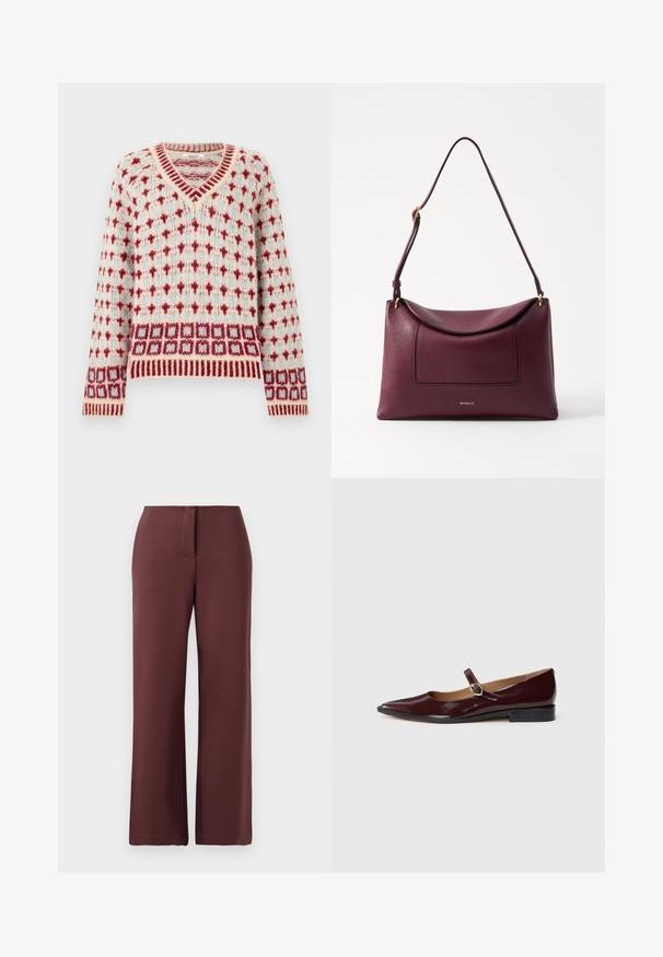 Strikket V-hals sweater med rødt og lyseblåt diamantmønster samt stribede manchetter og kant på en cremefarvet baggrund.; Bordeaux brede bukser lavet af glat stof, med lynlås, skræddersyet pasform og rene linjer for et struktureret udseende.; Bordeaux patentlæder Mary Jane flade sko med spids tå, flad hæl og en dekorativ rem med en cirkulær spændeaccent.; Bordeaux læder skuldertaske med en buet klap, en forlommer og et guld logo. Udstyret med en enkelt rem for nem transport.
