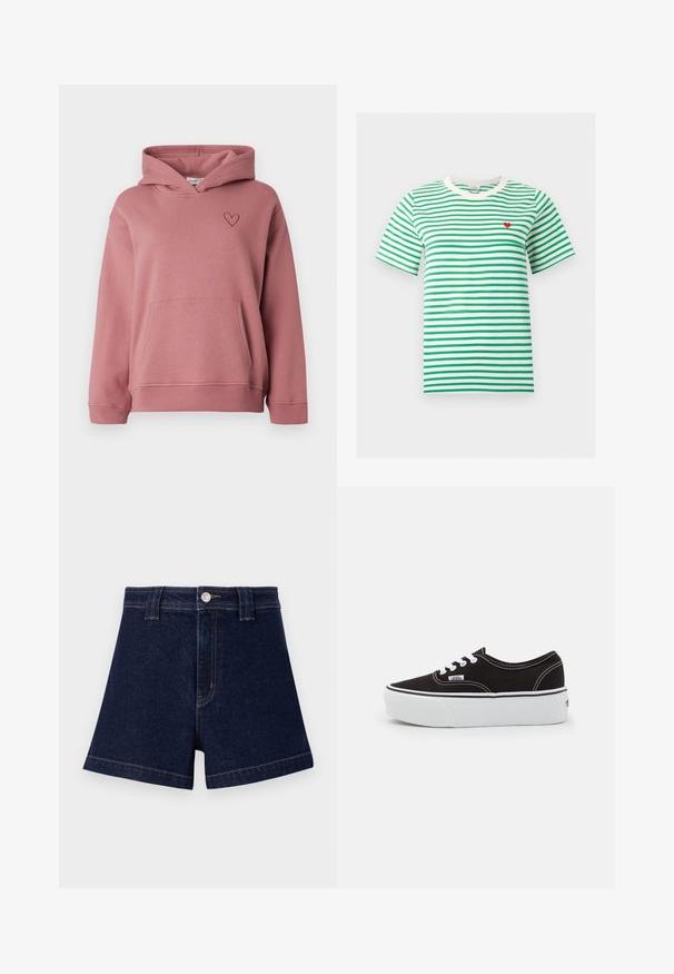 Støvet lyserød hættetrøje med forlommer og lille broderet hjerte på venstre bryst, med lange ærmer og hætte.; Hvid T-shirt med korte ærmer med vandrette grønne striber og et lille rødt hjerte broderet på venstre bryst.; Mørkeblå denimshorts med klassisk snit, fem-lomme design og kontrastfarvet gul syning samt metalknaplukning.; Sort lærred sneakers med en hvid gummi platform sål, der har hvide snørebånd og syninger, ikonisk branding på siden, lav-top design.