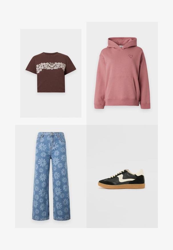 Sweat à capuche rose poudré avec poche avant et petit cœur brodé sur le côté gauche de la poitrine, avec des manches longues et une capuche.; T-shirt crop marron avec motif floral blanc sur la poitrine et logo "Roxy" au centre.; Jean en denim bleu à jambes larges avec un motif floral de marguerites bleu clair, poches avant, passants pour ceinture et fermeture par bouton.; Baskets en daim et cuir noir avec un swoosh latéral crème et un talon crème clair. Dotées de lacets beige et d'une semelle en caoutchouc gomme.