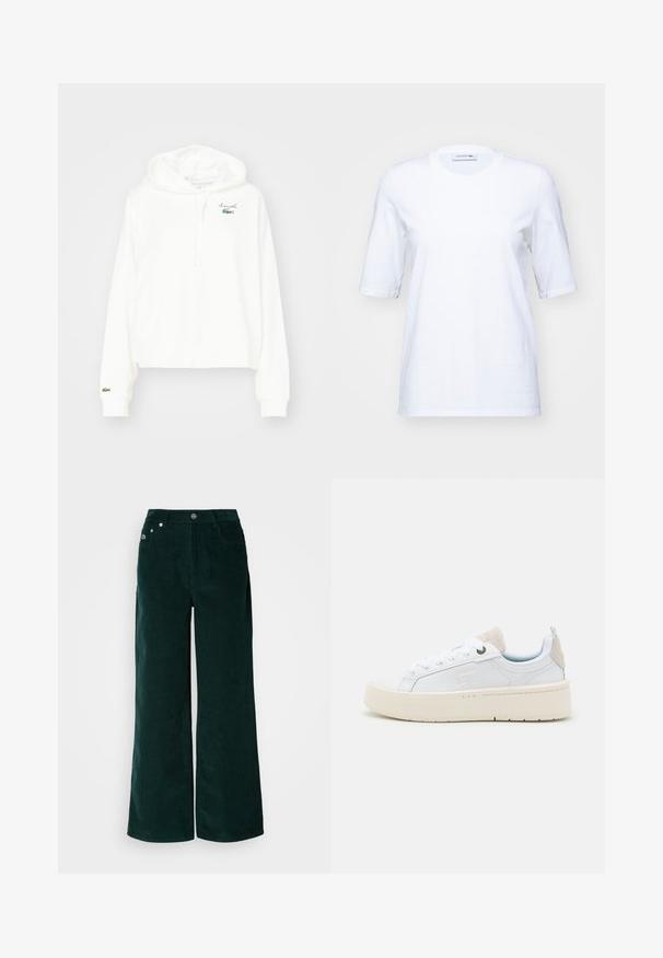 Sudadera blanca de algodón suave, con un bolsillo canguro, capucha con cordón y un pequeño logo de cocodrilo verde en el pecho.; Camiseta blanca de algodón con mangas cortas, escote redondo y un sutil logo bordado en el pecho. Textura suave, corte clásico.; Pantalones de pana de pierna ancha en verde oscuro. Presentan una textura acanalada horizontal, bolsillos frontales y cierre con botones con detalles de marca.; Zapatillas blancas con parte superior de cuero liso, suela de plataforma color crema y un tirador de talón de gamuza gris claro. Presenta un ojal verde y acentos de marca.