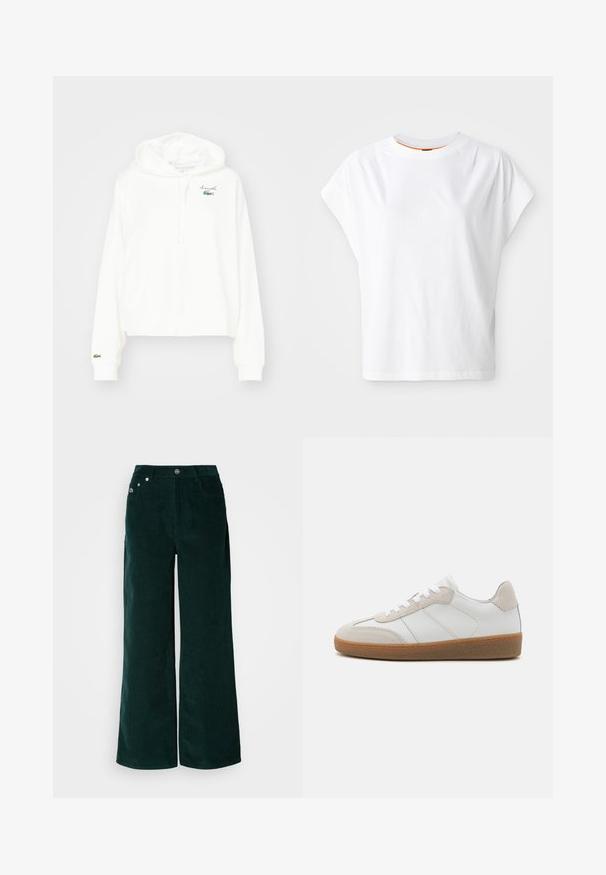 Sudadera blanca de algodón suave, con un bolsillo canguro, capucha con cordón y un pequeño logo de cocodrilo verde en el pecho.; Camiseta blanca de manga corta con un corte holgado. Presenta un cuello redondo y un sutil detalle de logo en el frente. Fabricada en tejido de algodón.; Pantalones de pana de pierna ancha en verde oscuro. Presentan una textura acanalada horizontal, bolsillos frontales y cierre con botones con detalles de marca.; Deportivas de cuero blanco con acentos de ante beige, lengua texturizada y suela de goma. Presenta cordones blancos y detalles sutiles de costura.