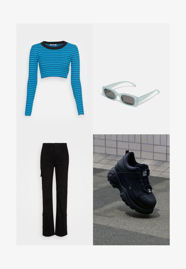 Blauw en zwart gestreepte cropped trui met lange mouwen, met een ribbeltextuur en een ronde hals.; Nicki Studios STRAIGHT POCKET PANTS - Cargobroek - black; Zwarte chunky sneakers met een gladde leren afwerking, vetersluiting aan de voorkant, gevoerde zool en een reliëflogo op de zijkant. Gezichtsopvlakte zichtbaar.; Een paar rechthoekige zonnebrillen met lichtblauwe doorzichtige monturen en donkergrijze glazen, met rechte pootjes en minimale hardwaredetails.