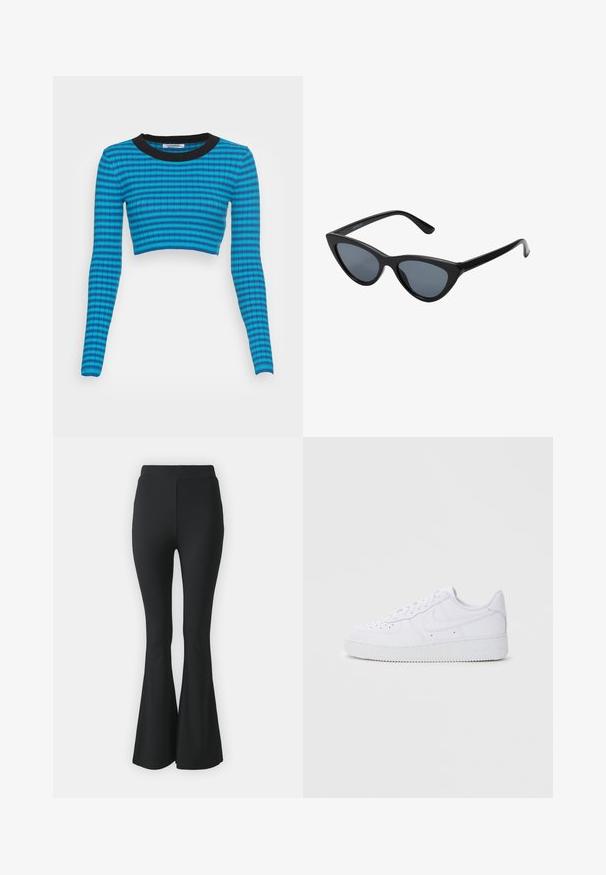 Blå og sort stribet cropped sweater med lange ærmer, der har en ribbet tekstur og en rund halsudskæring.; Sorte buks med flared design lavet af strækbart stof. Har en høj talje og et glat, tætsiddende design, der flared ud fra knæet og ned.; Hvide Nike Air Force 1 sneakers med læderoverdel, rund tå, snørelukning, polstret krave og struktureret gummisål.; Sorte katteøje solbriller med mørkegrå linser, slankt plastisk stel, spidse hjørner og lige stænger. Ingen synlig hardware eller dekorationer.