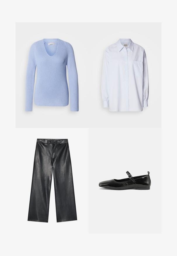 Lys blå strikket sweater med V-hals, lange ærmer og ribbet tekstur. Designet med en tætsiddende silhuet og subtile syning detaljer.; Lyseblå skjorte med knapper lavet af bomuld. Har en spids krave, lange ærmer og en enkelt brystlomme. Glat tekstur.; Sorte læder bukser med brede ben og en glat tekstur, bæltestropper og en frontlynlås. Har en løs pasform og rene syninger.; Sorte patentlæder flade sko med spidse tæer, en ankelrem med spænde og en glat, blank tekstur. Lav hæl for komfort.