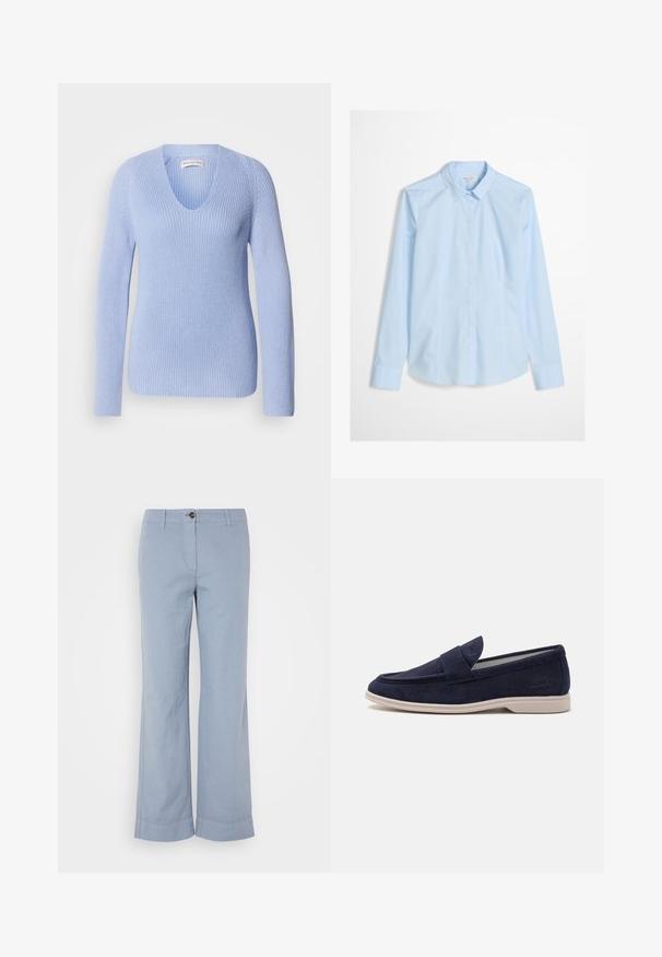 Suéter de punto azul claro con escote en V, mangas largas y textura acanalada. Diseñado con una silueta ajustada y sutiles detalles de costura.; Camisa de botones azul claro con mangas largas, cuello clásico y un logo sutil bordado en el pecho. Tejido liso y impecable.; Pantalones de lino azul claro con pierna recta, cierre de botón y dobladillo vuelto. Textura suave, diseñados para uso casual.; Mocasines de ante azul marino con punta redondeada y detalles de costura. Presentan una lengua acolchada y una suela de goma beige claro para mayor comodidad.