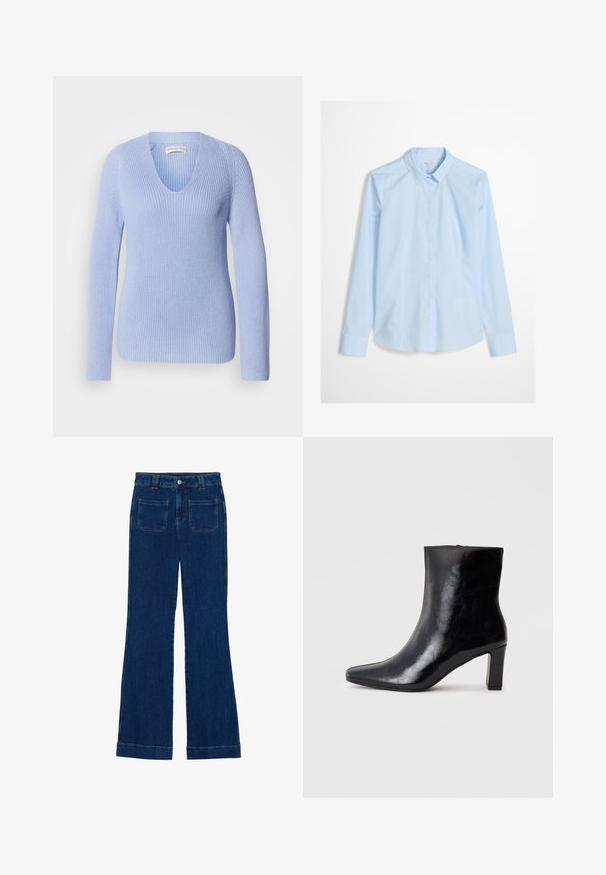 Pull en maille bleu clair avec col en V, manches longues et texture côtelée. Conçu avec une silhouette ajustée et des détails de couture subtils.; Chemise bleu clair à manches longues, col classique, avec un logo discret brodé sur la poitrine. Tissu lisse et net.; Jean flare en denim bleu foncé avec une texture lisse, design à cinq poches et fermeture à bouton à la taille.; Bottine noire en cuir brillant, avec un bout pointu et un talon carré moyen, présentant une texture lisse et un design simple.