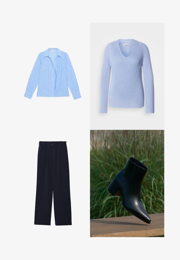 Pull en maille bleu clair avec col en V, manches longues et texture côtelée. Conçu avec une silhouette ajustée et des détails de couture subtils.; Chemise boutonnée bleu clair avec des rayures verticales blanches, manches longues, un col, et deux poches avant. Tissu lisse avec des accents contrastés.; Pantalons large bleu marine avec une texture lisse, taille élastique, pli avant unique et fermeture à bouton à la taille.; Bottine noire en cuir avec un bout pointu et un talon bloc reposant sur une surface en bois, avec une herbe verte haute en arrière-plan.