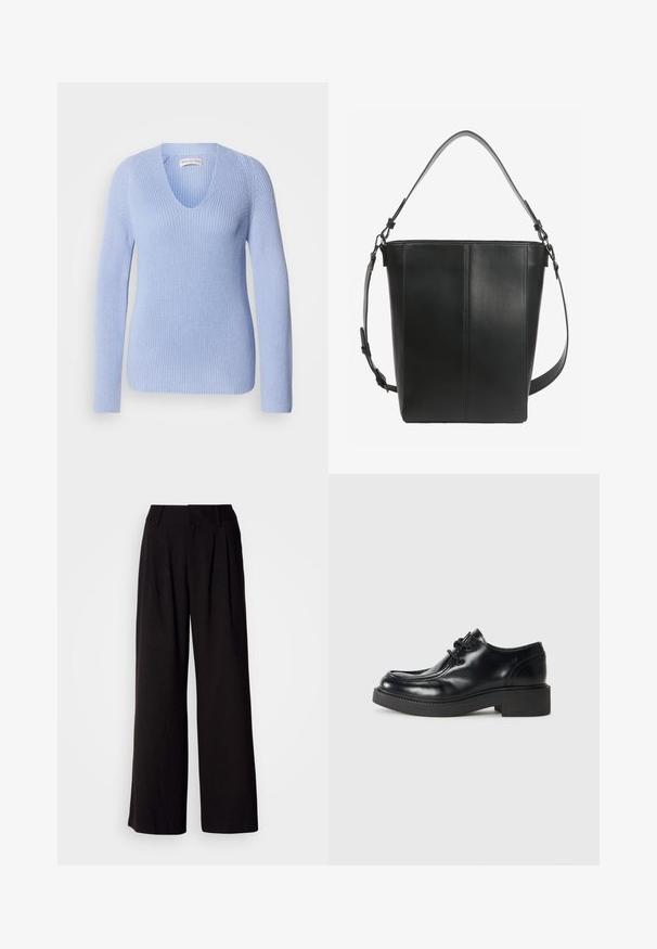 Lys blå strikket sweater med V-hals, lange ærmer og ribbet tekstur. Designet med en tætsiddende silhuet og subtile syning detaljer.; Sorte bukser med vid benvidde lavet af glat stof, med folder foran, en tætsiddende talje og uden synlige mønstre eller detaljer.; Sorte læder oxford sko med rund tå, snørebåndsdesign og en tykk sort gummisål. Glat tekstur og minimale syninger.; Sort læder bucket taske med to justerbare skulderstropper og minimale syningsdetaljer på en ensfarvet baggrund.