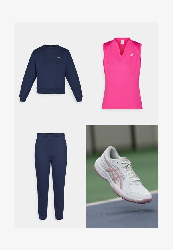 Sudadera azul marino hecha de una tela suave, con cuello redondo y puños acanalados. Pequeño logo verde de Lacoste en el pecho.; Top deportivo sin mangas en rosa brillante, con diseño de escote en V. Hecho de tela suave y ligera con un sutil brillo y un detalle de logo.; Pantalones de chándal azul marino con cintura elástica y puños en los tobillos, vista frontal, hechos de una tela suave para el uso casual.; Zapatilla deportiva blanca con toques rosas, material sintético, punta redondeada, lados de malla y suela texturizada. Cordones en la parte frontal y marca ASICS visible.